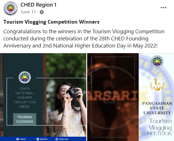 PSU’s ‘Sarsarita’ Wins 1st Place in Tourism Vlogging Competition During the 28th CHED Founding Anniversary