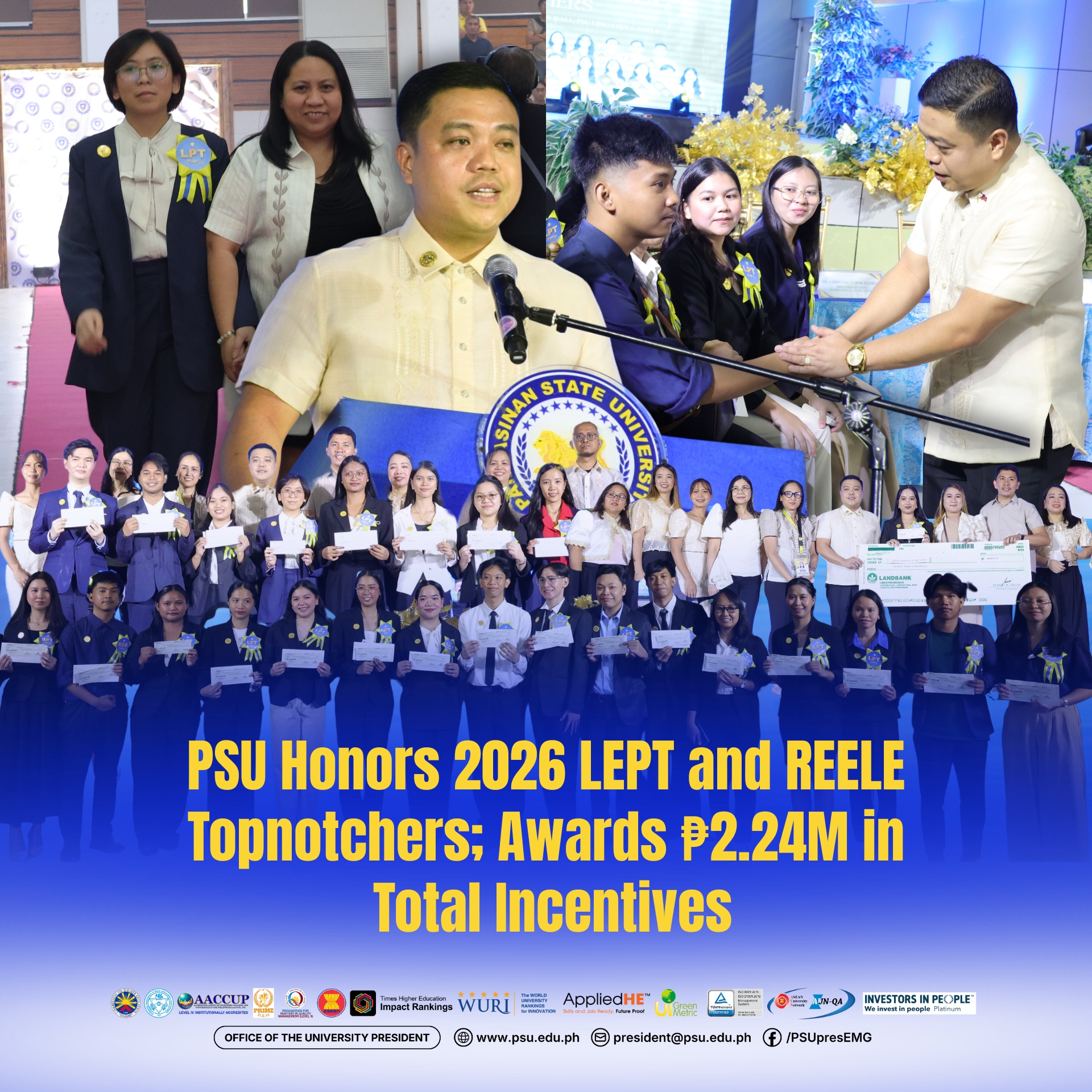 PSU Honors 2026 LEPT and REELE Topnotchers; Awards ₱2.24M in Total Incentives