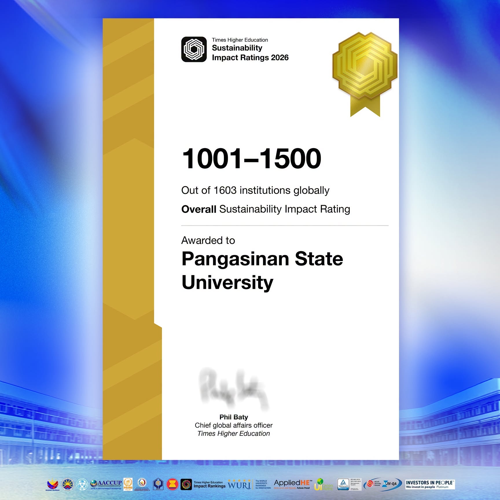 Pangasinan State University advances in THE Sustainability I mpact Ratings 2026
